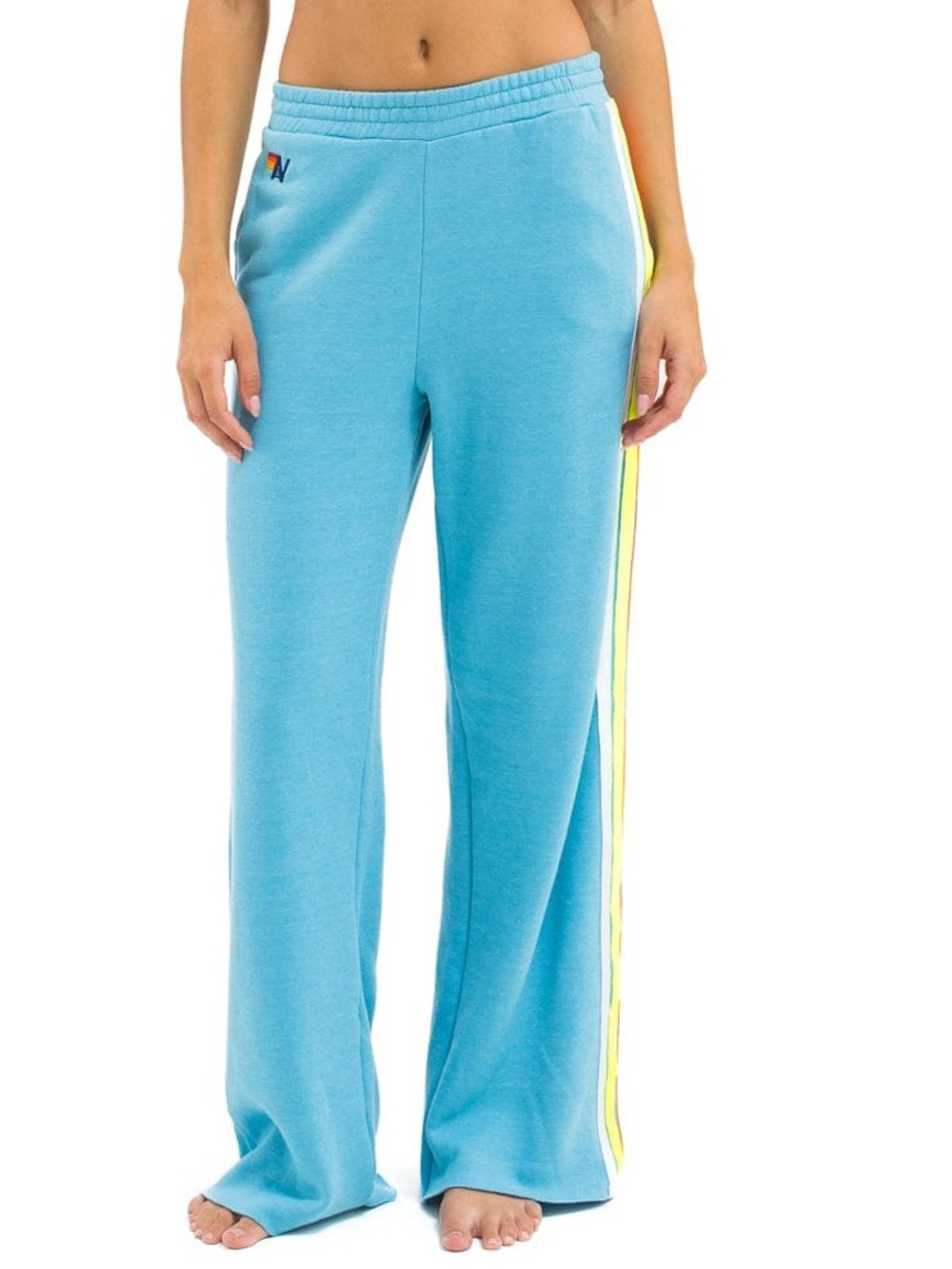 Aviator Nation 5 Stripe Wide Leg Pocket Sweatpants - Aqua / White Neon - Picture 2 of 15